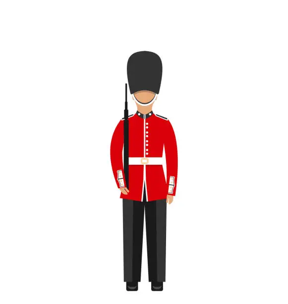 Vector illustration of Queen's Guard. Man in Traditional Uniform with Weapon, British