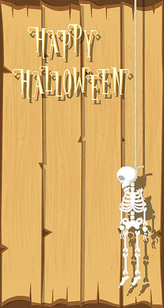 Vector illustration of Holiday background. Funny skeleton hanging from a rope and text