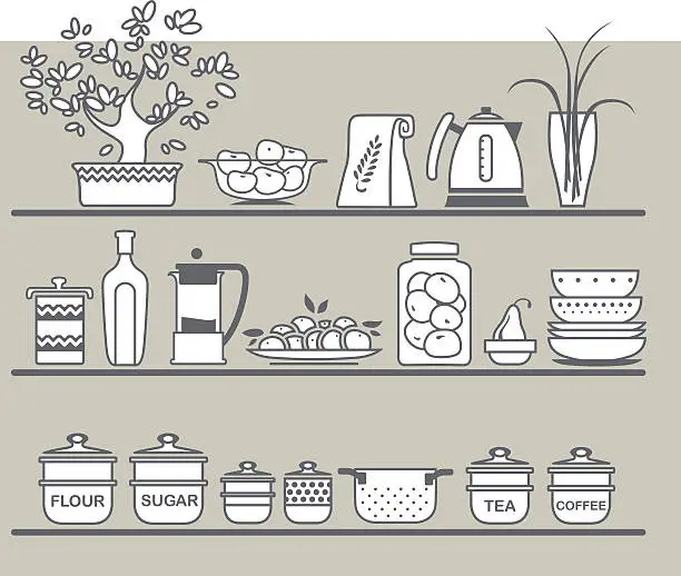 Vector illustration of Kitchen utensils on shelves