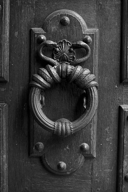 royal style doorknocker on old wooden door - abstract textured textured effect real estate imagens e fotografias de stock