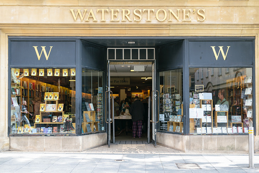Exeter, Devon, United Kingdom - August 18, 2016: Waterstones Exeter High Street bookshop exterior. Waterstones is the last remaining British chain of specialist bookshops on the high street.