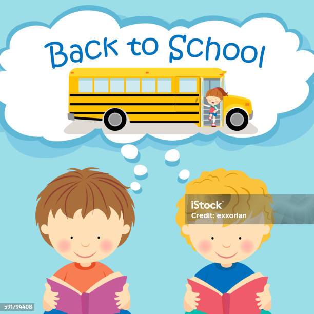 Kids Thinking Back To School Stock Illustration - Download Image Now - Baby - Human Age, Book, Bus