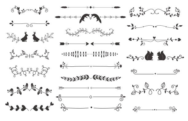 illustrazioni stock, clip art, cartoni animati e icone di tendenza di set di vettori di deccorazione dei separatori di testo. - divider single line striped ornate