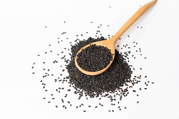 istock black sesame on wooden spoon isolated on white 591800686