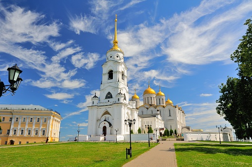 Architectural Ensemble of the Assumption Cathedral in Vladimir under a Cloud-Filled Sky. The great example of early Russian white-stone architecture.