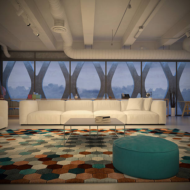 istock Living room with sofa and window behind 591811564