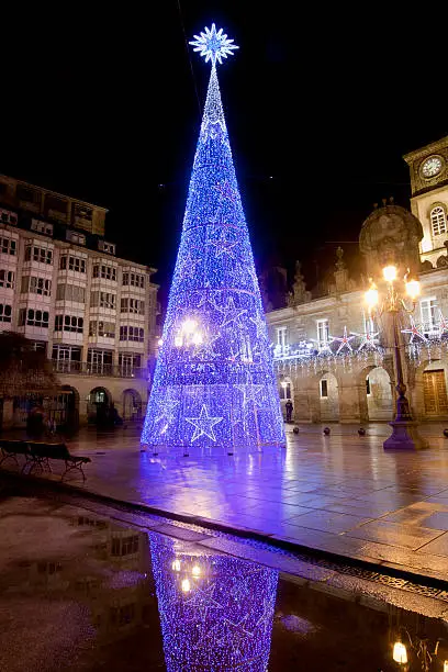 Modern lighting Christmas tree in front of Lugo townhall, Galicia, Spain.