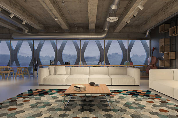 istock Living room with sofa and window behind 591812344
