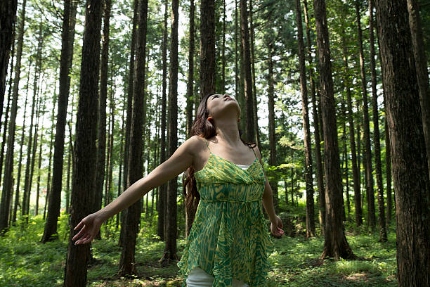 women enjoy the fresh air of the forest. - long list bildbanksfoton och bilder
