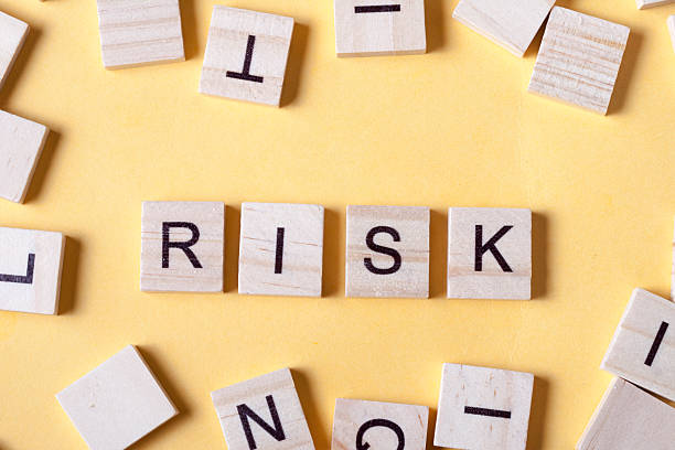 istock Risk word at wooden blocks on table. Top view 591813820