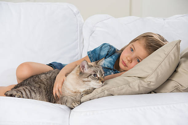 istock Little girl laying on sofa with her tabby cat 591814860
