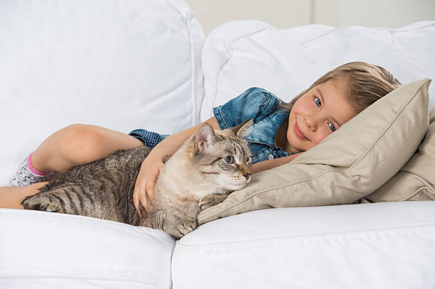 istock Little girl laying on sofa with her tabby cat 591814914