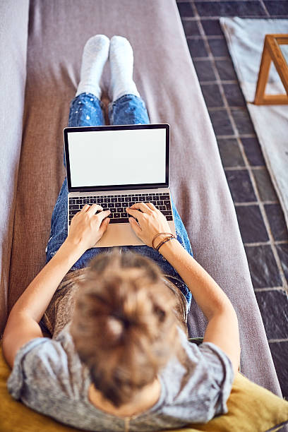 istock Young female blogger using laptop on sofa at home 591815942