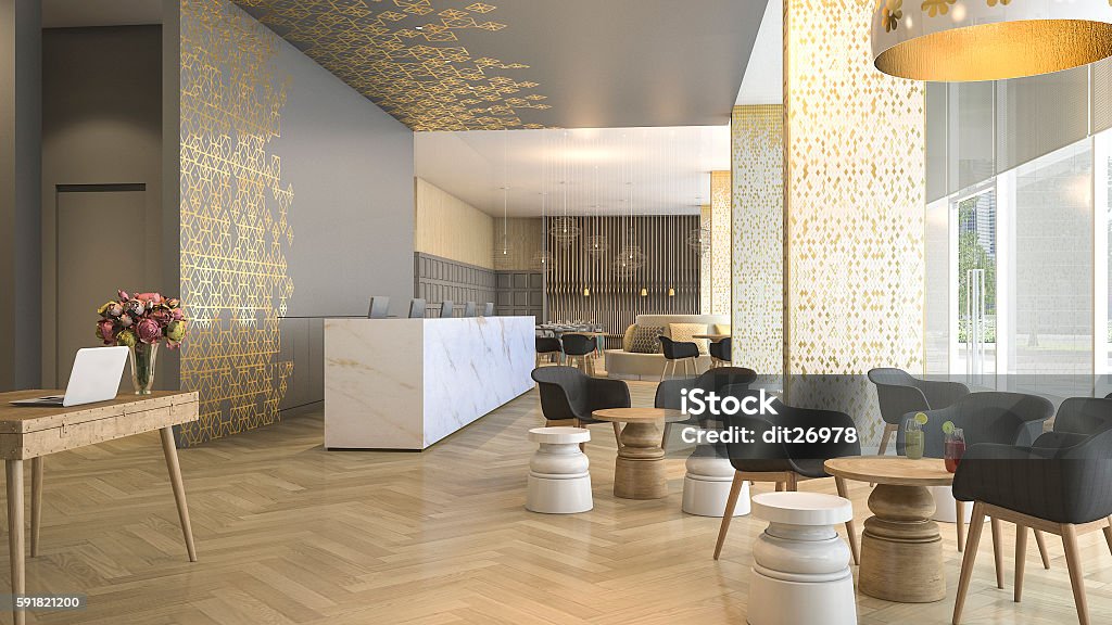 Representación 3D de la recepción y salón del hotel de lujo - Foto de stock de Hotel libre de derechos