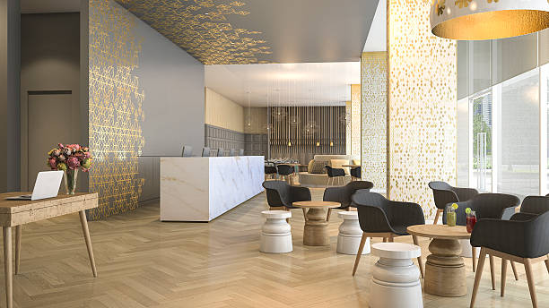 representación 3d de la recepción y salón del hotel de lujo - hotel reception lobby hotel luxury fotografías e imágenes de stock