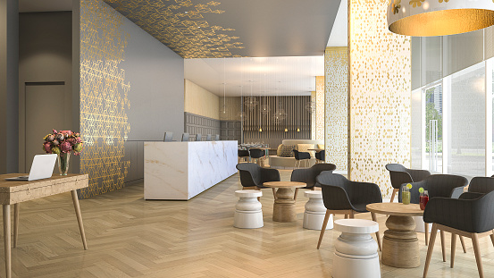 3d rendering luxury hotel reception and lounge