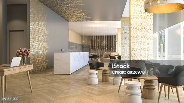 3d Rendering Luxury Hotel Reception And Lounge Stock Photo - Download Image Now - Hotel, Lobby, Hotel Reception