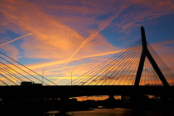 Zakim Bunker Hill Memorial Bridge at sunset in Boston, Massachusetts
