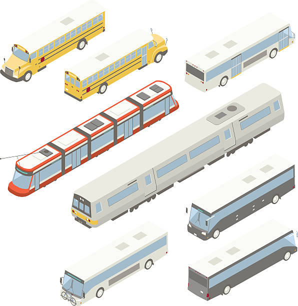 Isometric public transit illustration Public transportation vehicles in isometric view include the front and back views of a school bus, city bus, and express or charter bus. Articulated modern street car also included, along with a car to a commuter rail train or a subway/metro train. Vehicles in this vector image do not represent specific manufacturers. train vehicle front view stock illustrations