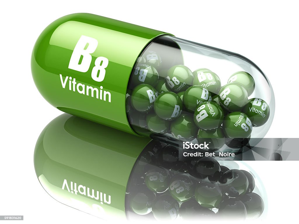 Vitamin B8 capsule. Dietary supplements. Vitamin B8 capsule. Dietary supplements. 3d illustration Capsule - Medicine Stock Photo