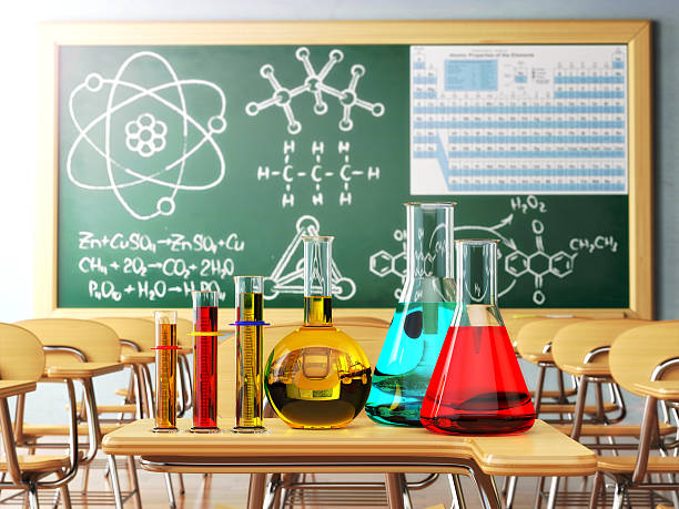 Laboratory equipment glass flask medical scientific chemical bottle 3d render.