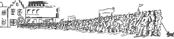 Vector illustration of crowd in front of housing block with banners and flags