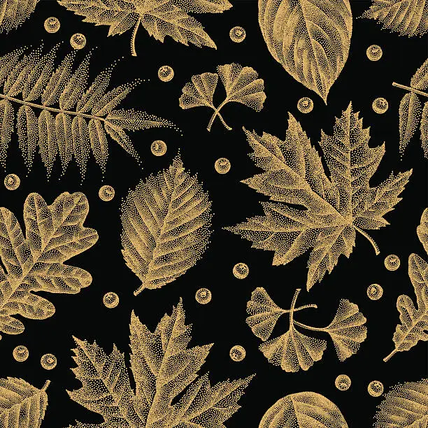 Vector illustration of Engraving Leaves Seamless Pattern Vector Illustration