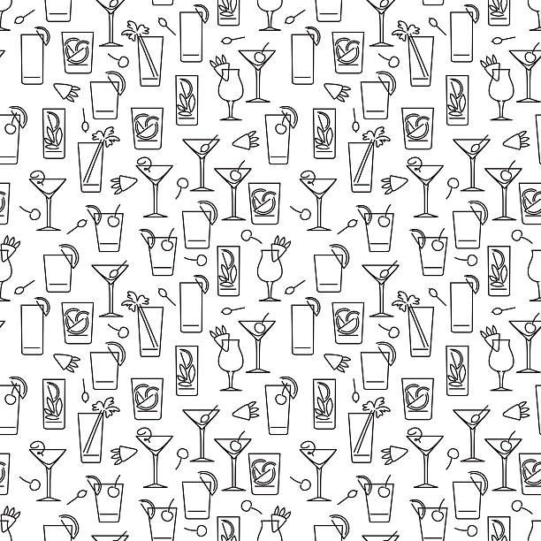Line cocktails seamless pattern Black and white line cocktails seamless pattern vector cocktail patterns stock illustrations