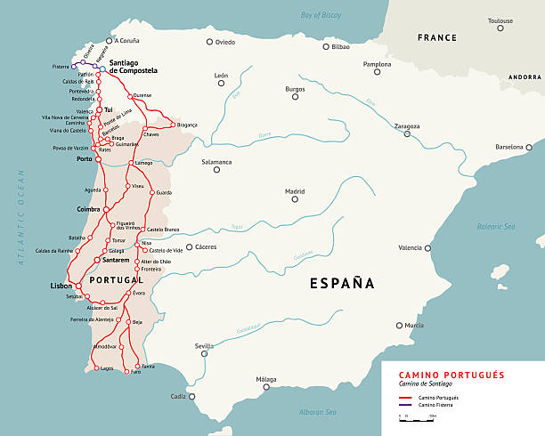 mapa camino portuguues. camino de santiago portugalia - st james way stock illustrations
