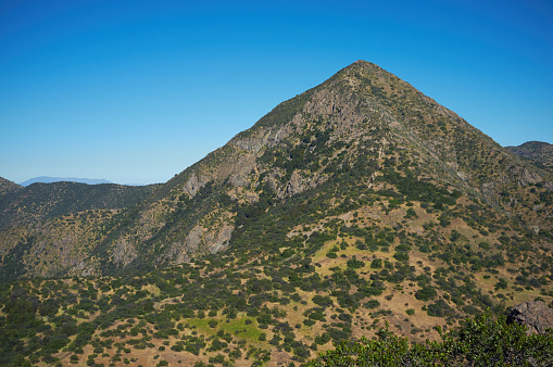 Fresh green grass covering the slopes of Cerro Manquehue (1,635m), a prominent landmark in the city of Santiago, capital of Chile