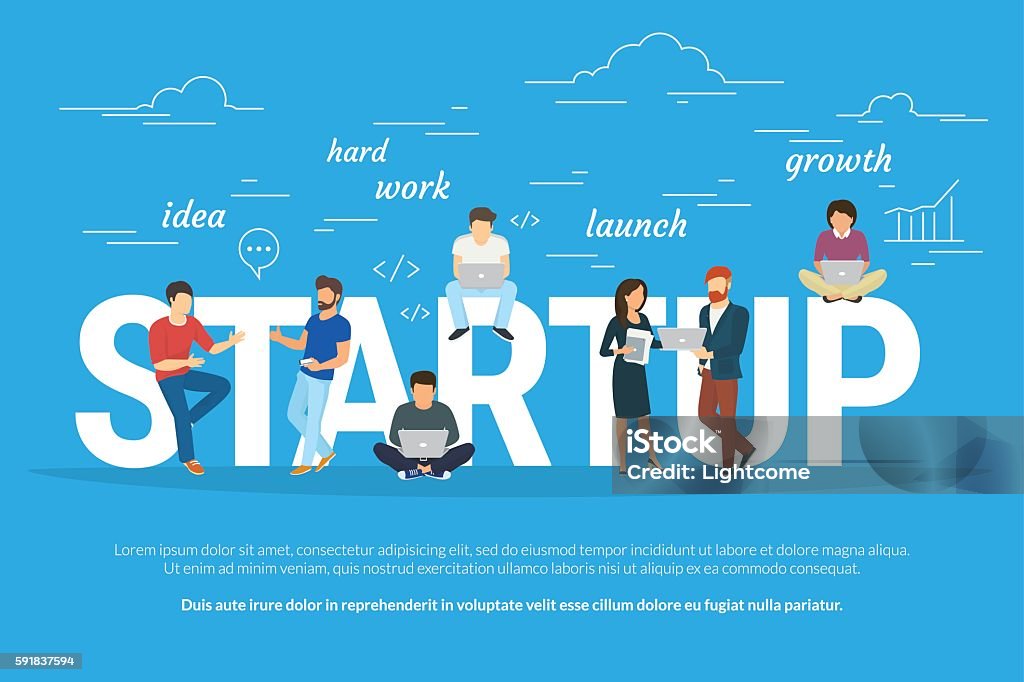 Project startup concept illustration of business people working together as Startup concept flat illustration of business people working as team to launch the business. Young men have an idea, programmer works hard, managers and others promote the project using laptops New Business stock vector