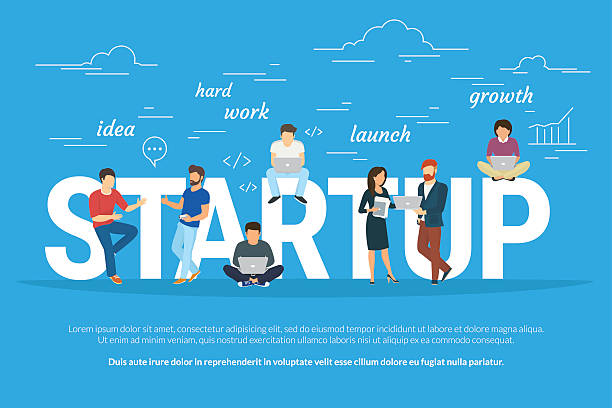 Project startup concept illustration of business people working together as Startup concept flat illustration of business people working as team to launch the business. Young men have an idea, programmer works hard, managers and others promote the project using laptops start ups stock illustrations