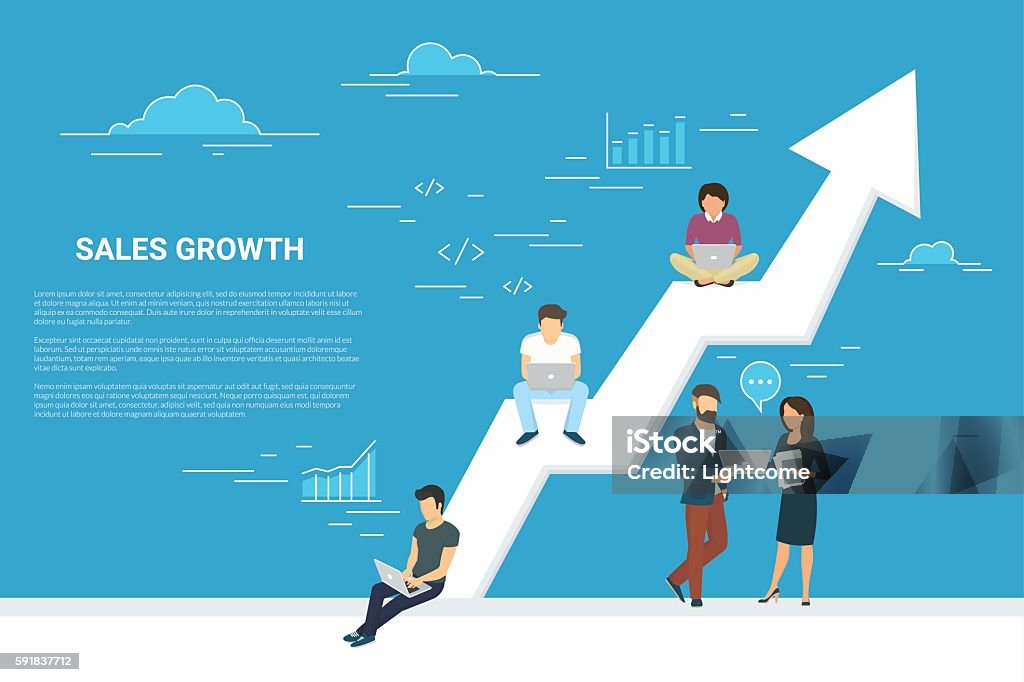 Business growth concept illustration of people working together as team Business growth concept illustration of business people working together as team and sitting on the big arrow. Flat people working with laptops to develop business. Blue background with copy space Growth stock vector