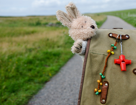 Refugee child,backpack and teddy bear on the road