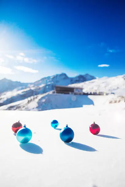 Christmas concept: Christmas baubles in ski area of Sölden, Austria. Image taken with Canon EOS 5Ds.