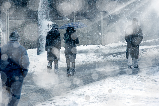 people walking under snow