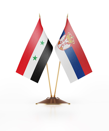 Miniature Flag of Syria and Serbia. The flags have nicely detailed fabric texture. Isolated on white background. Clipping path is included.