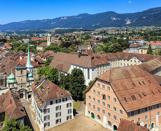 View on the city of Solothurn from the tower of the St. Ursus Cathedral. The city of Solothurn is the capital of the Swiss Canton of Solothurn and is also the only municipality of the district of the same name.