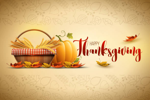 Happy Thanksgiving Vector autumn Happy Thanksgiving poster design template. Elements are layered separately in vector file. golden basket stock illustrations