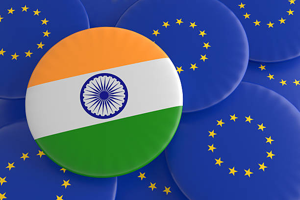 Partnership India EU: Indian Flag European Union Flag Badges, illustration Partnership India EU: Indian Flag And European Union Flag Badges, 3d illustration law european community european union flag global communications stock pictures, royalty-free photos & images