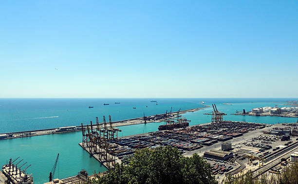 istock Industrial pier, harbour with containers - Barcelona pier 591844022