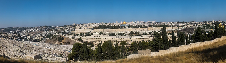 Panorama overlooking the Old City of Jerusalem, Israel, including the Dome of the Rock and the Western Wall. Taken from the Mount of Olives.