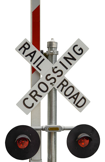 Isolated Rail Road Crossing Sign With LIghts On A White Background