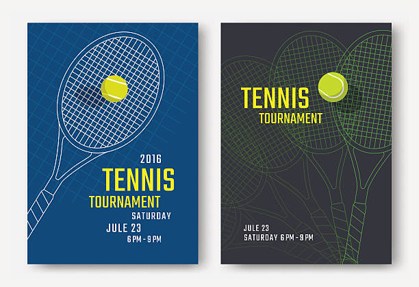 Tennis poster design Tennis tournament poster design with racket and ball. Vector template tennis racquet stock illustrations