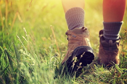 young woman hiker legs walking on trail in grassland
