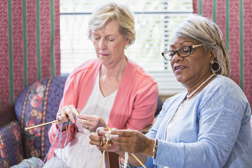 Two multi-ethnic senior women sitting in the living room by a window, knitting. The focus is on the African American woman in the foreground, wearing eyeglasses, looking down at her knitting needles and yarn.