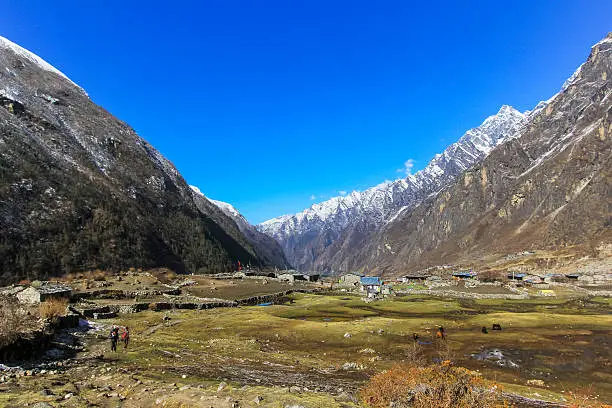 Langtang village valley and scenery of himalaya mountain range, one of the popular trekking route in Nepal