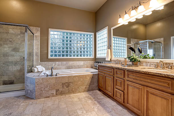 istock Luxury bathroom interior with vanity with granite counter top, 591996086
