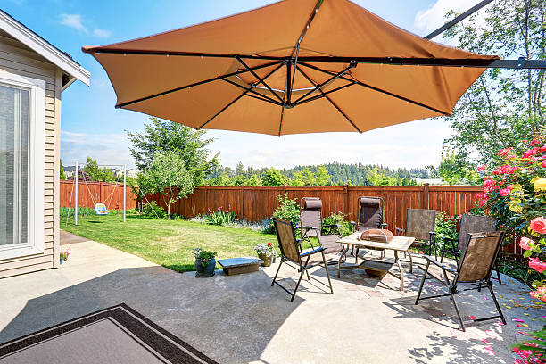 istock Beautiful landscape design for backyard garden and patio area 591996454