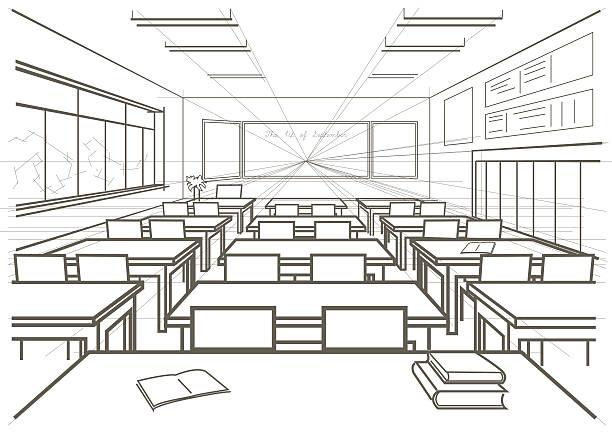 линейный архитектурный эскиз интерьера школы классе - lecture hall illustrations stock illustrations